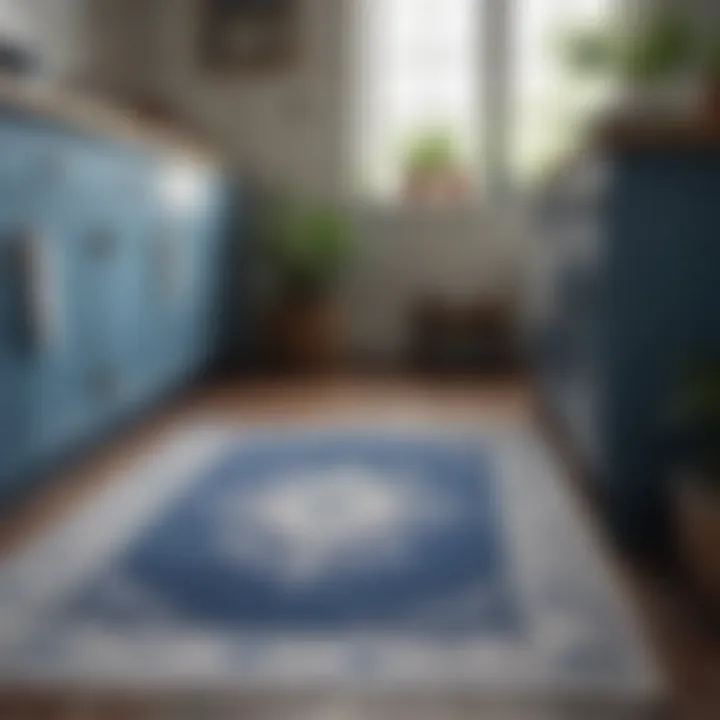 A cozy kitchen featuring a vintage blue and white rug with floral patterns
