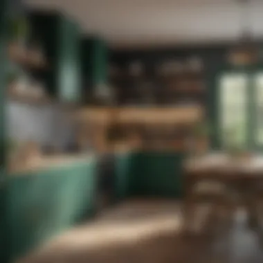 Charming Kitchen with Emerald Green and Wood Charming kitchen scene with emerald green cabinets and natural wood elements