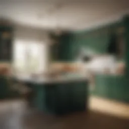 Elegant kitchen featuring emerald green cabinets with gold accents