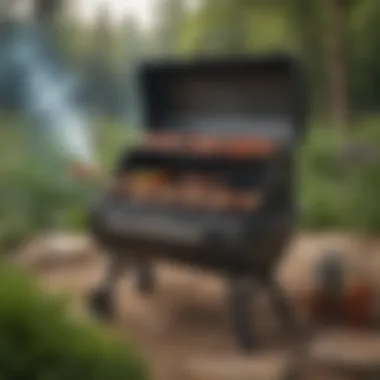 Portable BBQ Smoker for Outdoor Adventures A portable BBQ smoker set up in a picturesque outdoor setting, ideal for picnics.