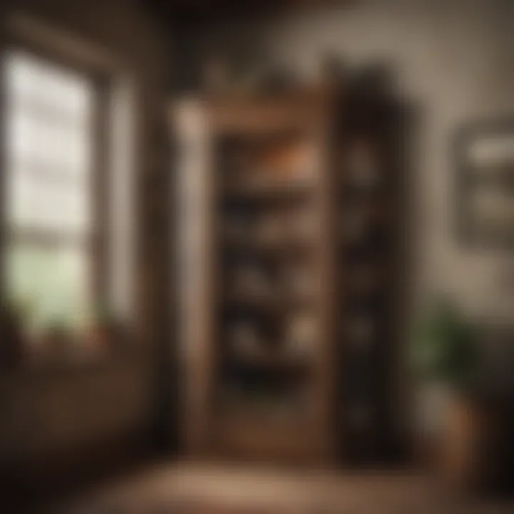Rustic corner wall display cabinet with vintage decor