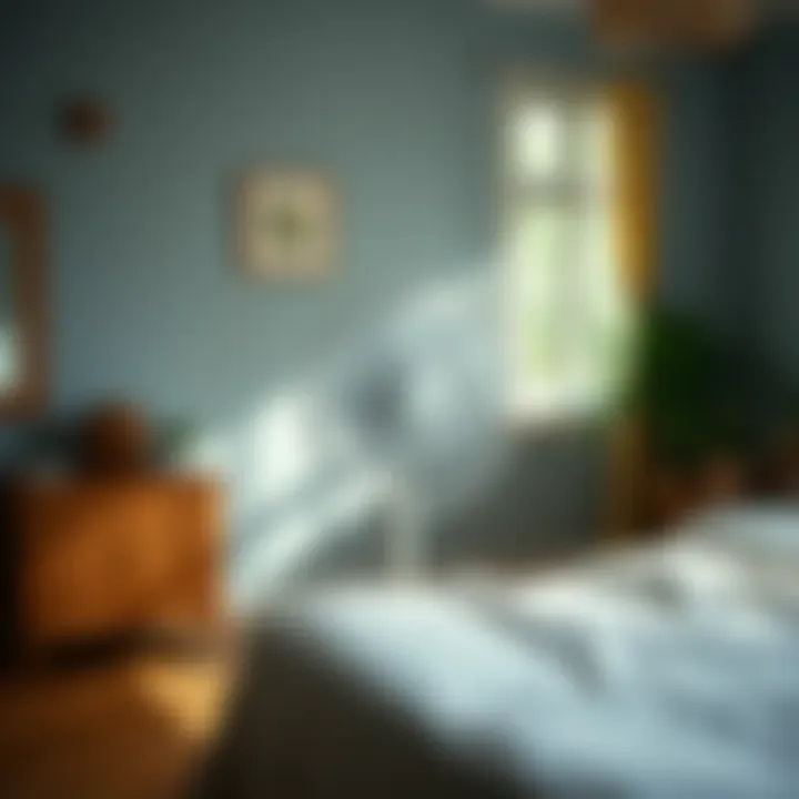 Oscillating Fan in Serene Bedroom A peaceful bedroom with an oscillating fan providing airflow