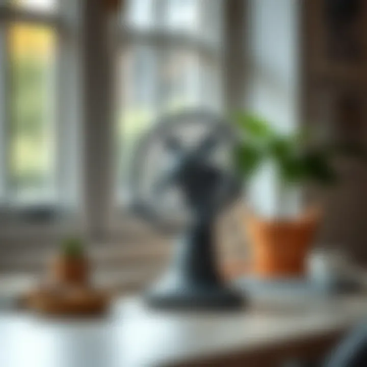 Tabletop Fan Enhancing Comfort A stylish tabletop fan on a desk beside a window