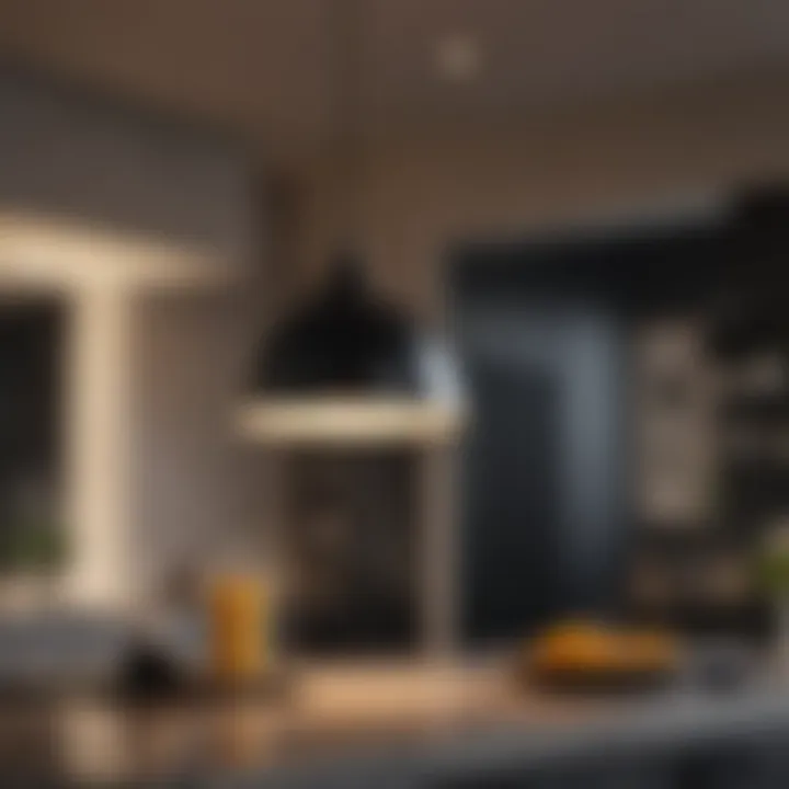 Close-up of a contemporary black pendant illuminating a kitchen space