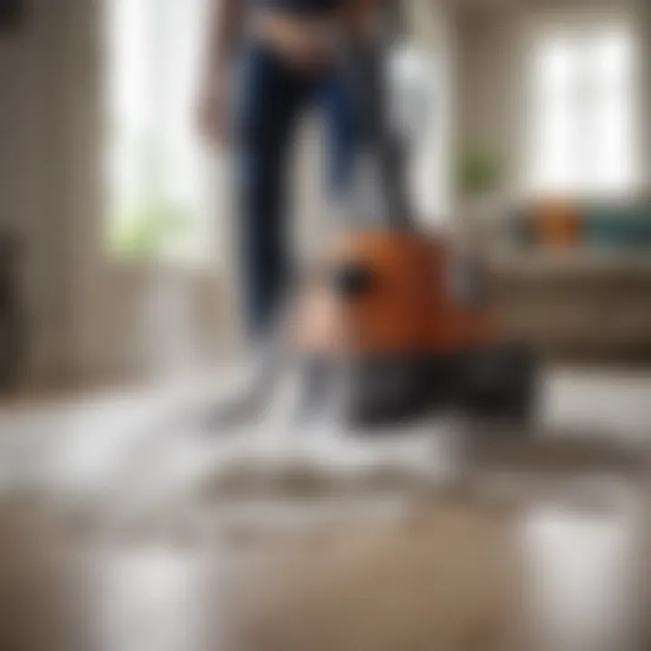 A steam cleaner being used on a wool rug, demonstrating the cleaning process