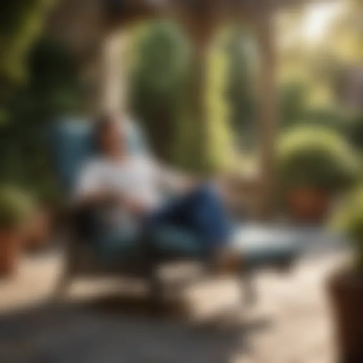 User enjoying comfort of Frontgate outdoor recliner