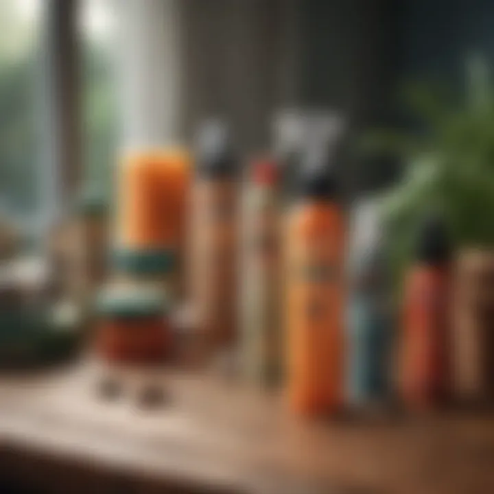 A close-up of various mosquito repellent products arranged aesthetically on a table.