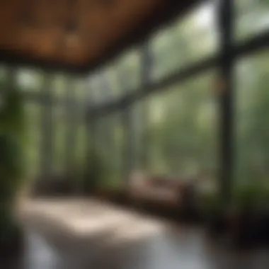 Architectural design of a front sunroom showcasing large glass windows.