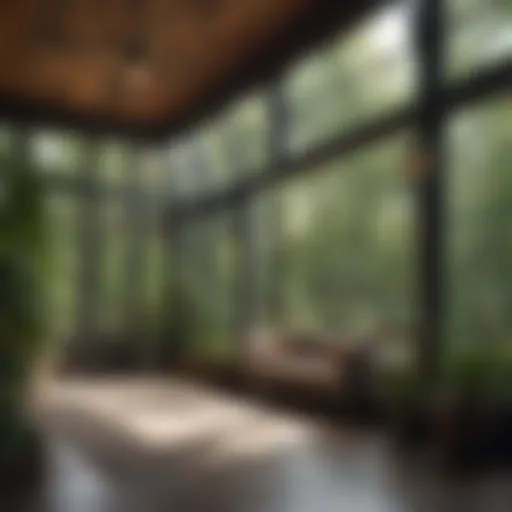 Architectural design of a front sunroom showcasing large glass windows.