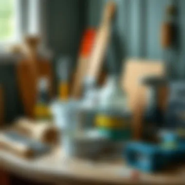 Various tools and materials for painting cabinets displayed neatly