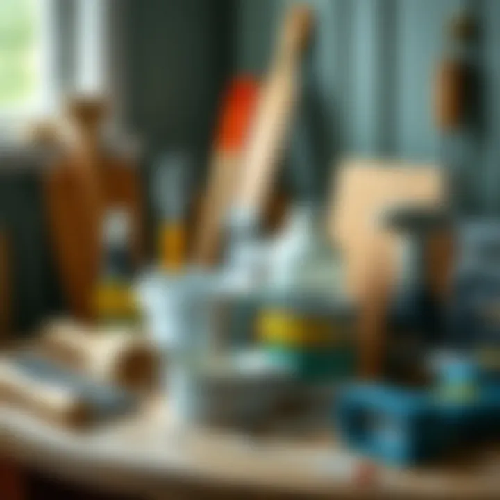 Various tools and materials for painting cabinets displayed neatly