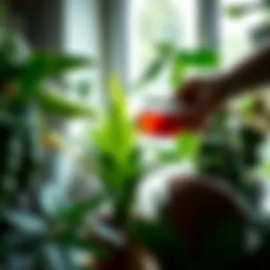 Nourishing Indoor Plants with Tea Brew Tea brew being applied to indoor plants