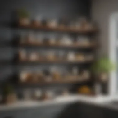 Elegant two-tier kitchen counter shelves displaying culinary essentials.