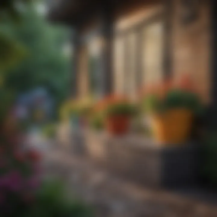 Colorful flower pot boxes arranged in an outdoor garden setting