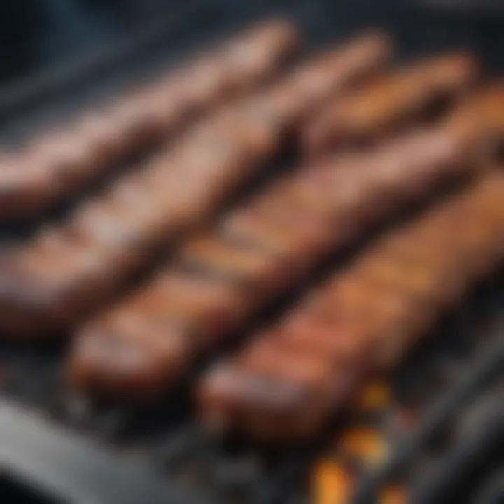 Close-up view of grilling various meats on a four burner gas barbeque