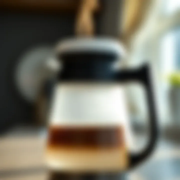 Close-up of a brewing coffee pot with steam rising