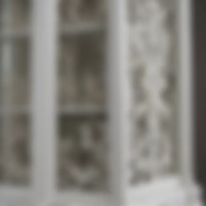 Close-up of intricate design details on a white wood glass display cabinet