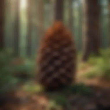 An extra large pine cone in its natural habitat, surrounded by pine trees.