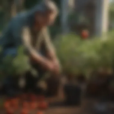 Gardener applying fertilizer to potted tomato plants with care