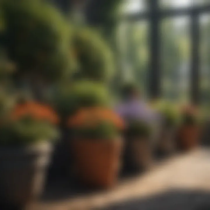 Garden setup with various flower pots and soil selection