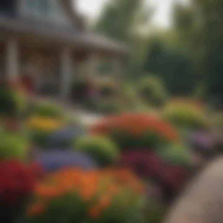 A beautifully landscaped front yard featuring a variety of colorful plants and flowers.