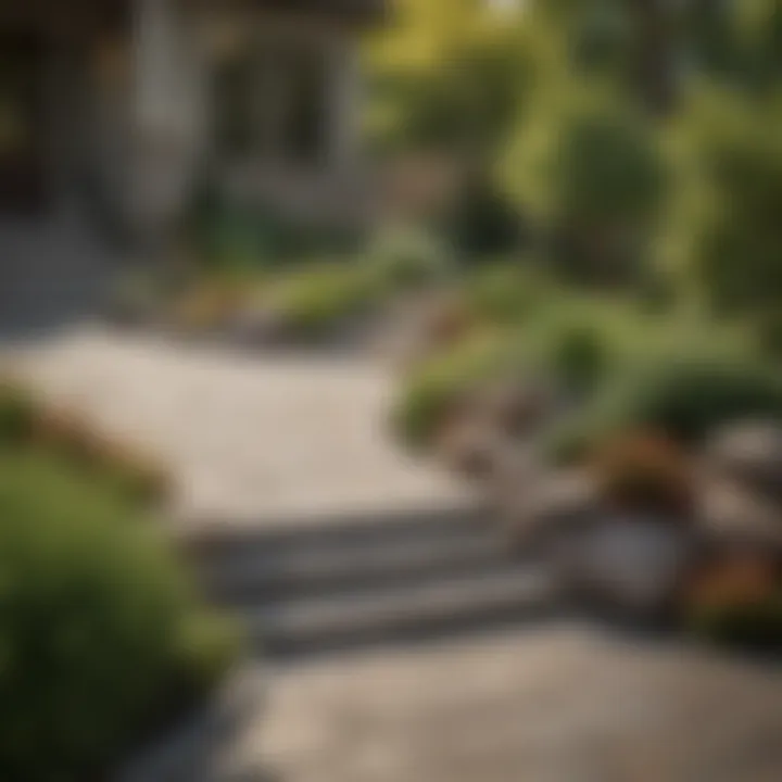 An elegant hardscape layout with stone pathways and decorative elements enhancing the front yard.