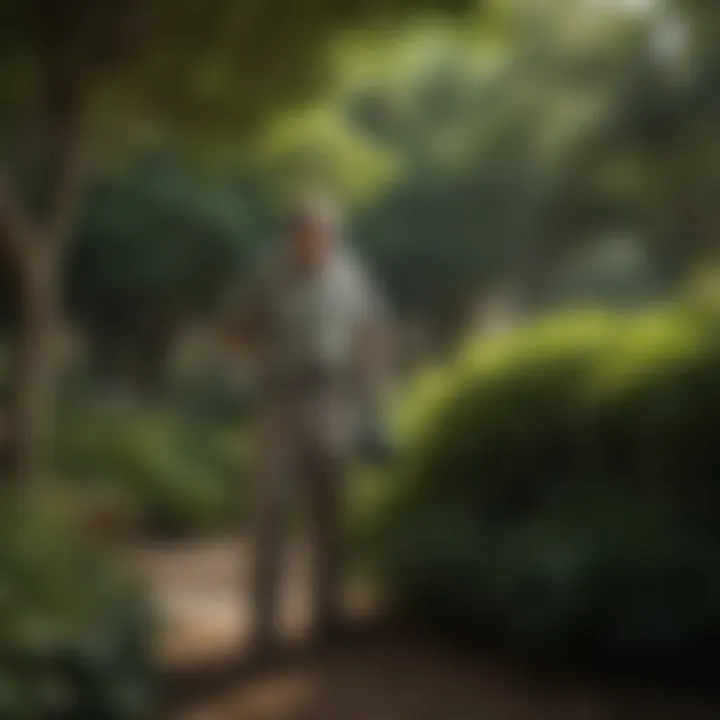 A gardener tending to deep shade shrubs, emphasizing care and maintenance
