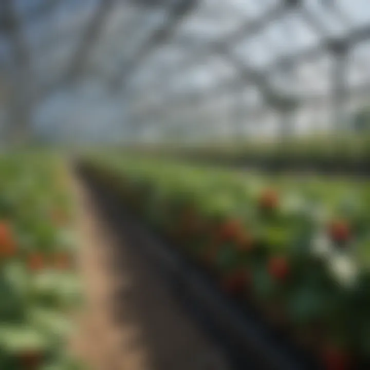 A well-maintained greenhouse with thriving strawberry plants