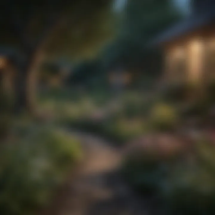 A serene garden setting with trees and flowers