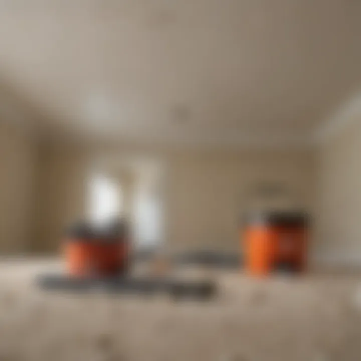 Tools laid out for popcorn ceiling removal, including a scraper and protective gear.