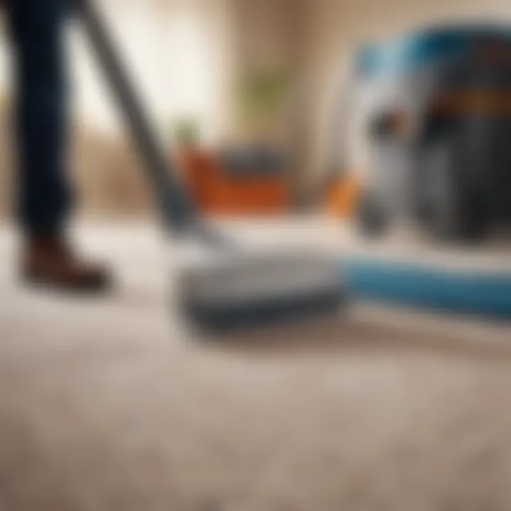 A close-up of rug cleaning solutions and tools on a clean surface