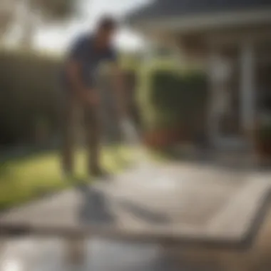 A person rinsing a large rug outside with a garden hose