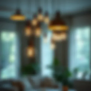 A cluster of stylish hanging lamps above a cozy seating area