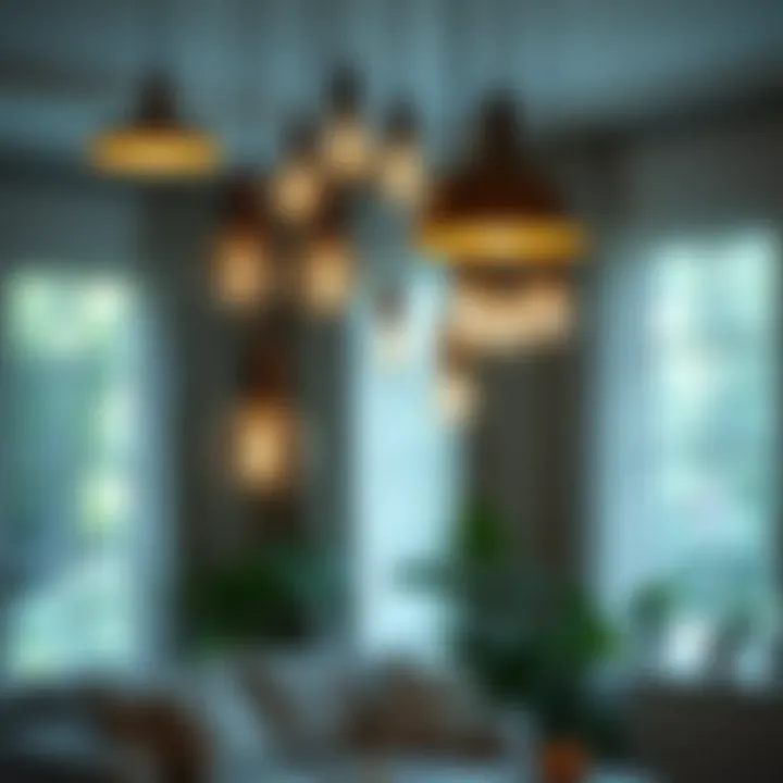 A cluster of stylish hanging lamps above a cozy seating area