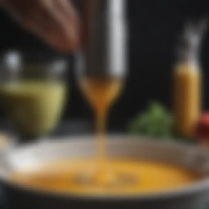 Close-up of an immersion blender in action, blending a vibrant soup