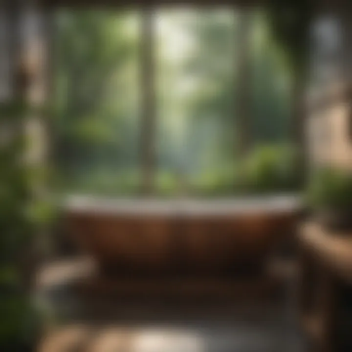 Rustic wooden bathtub surrounded by greenery