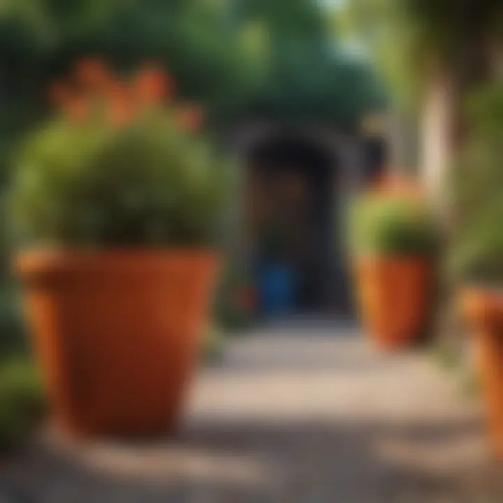 Colorful ceramic planters lined along a vibrant garden path