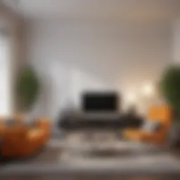 A modern living room showcasing minimalist furniture and vibrant accent colors