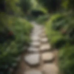 A winding garden path made of natural stone, surrounded by lush greenery