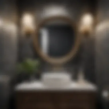 Elegant powder bathroom featuring bold wallpaper and a chic vanity