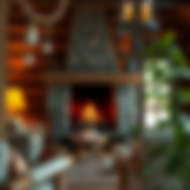 Rustic wood burner fireplace with stone accents in a cozy cabin setting