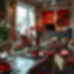 Rustic dining table adorned with red accents