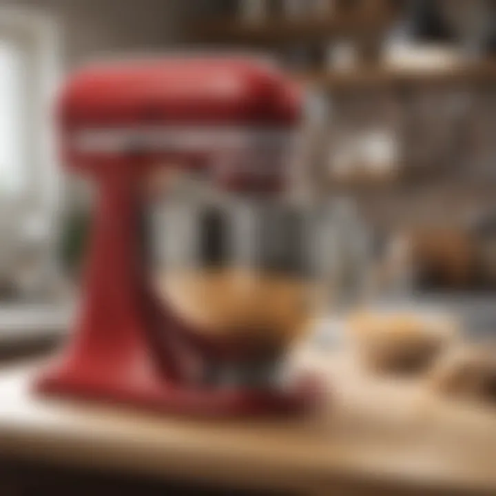 An assembled KitchenAid mixer with attachments in use