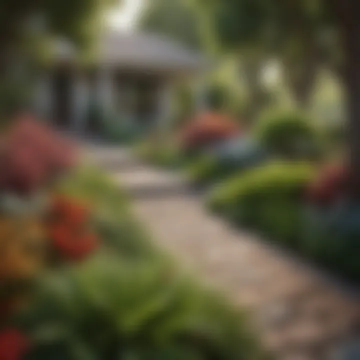 A beautifully landscaped front yard with a variety of colorful plants and intricate pathways.