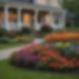 A beautifully landscaped front yard showcasing a variety of colorful flowers and shrubs.