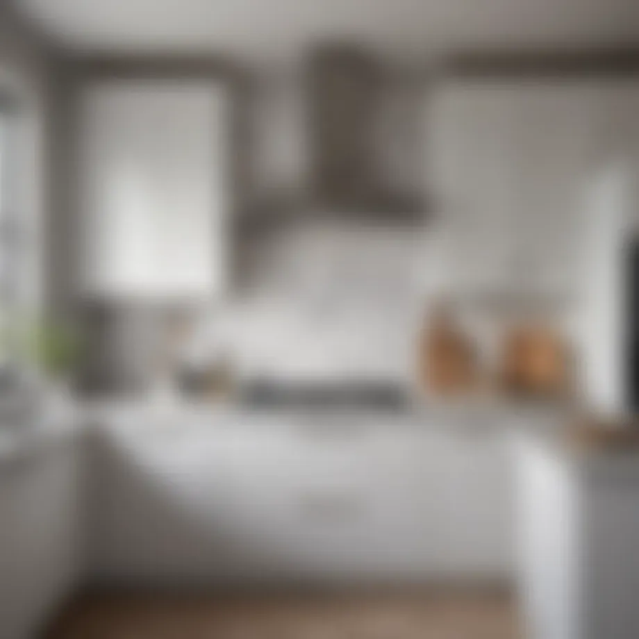 Elegant light grey kitchen cabinets with white countertops