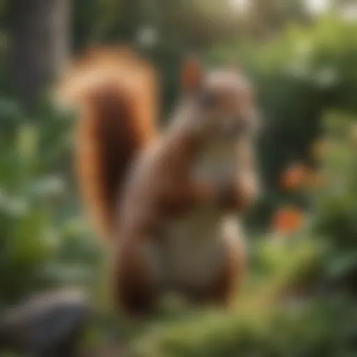 Squirrel in a garden interacting with plants