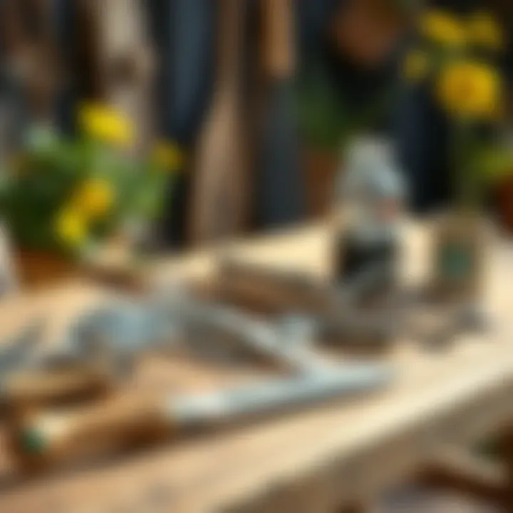 Tools for Manual Weeding Manual weeding tools laid out on a garden table ready for use.