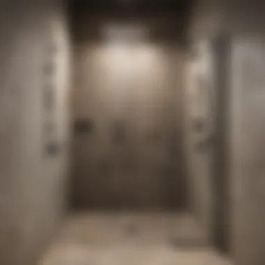 Trendy walk-in shower with unique fixtures and ambient lighting
