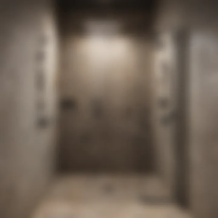 Trendy walk-in shower with unique fixtures and ambient lighting